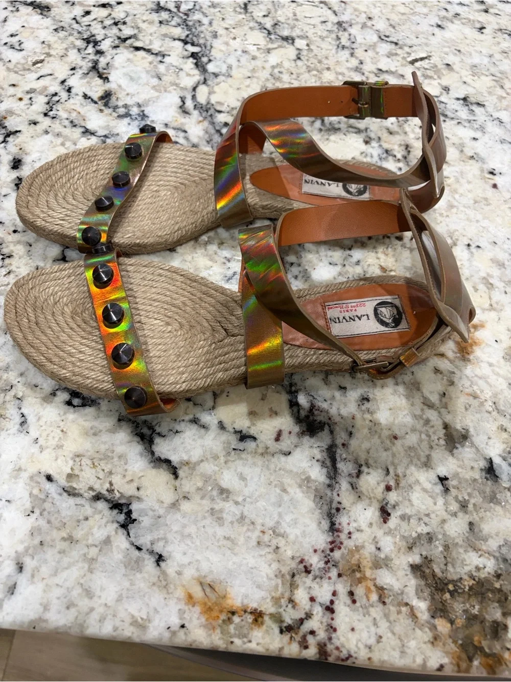 Lanvin Sz 41 (US10) Woven Espadrille Ankle-Strap Sandals in Iridescent Bronze